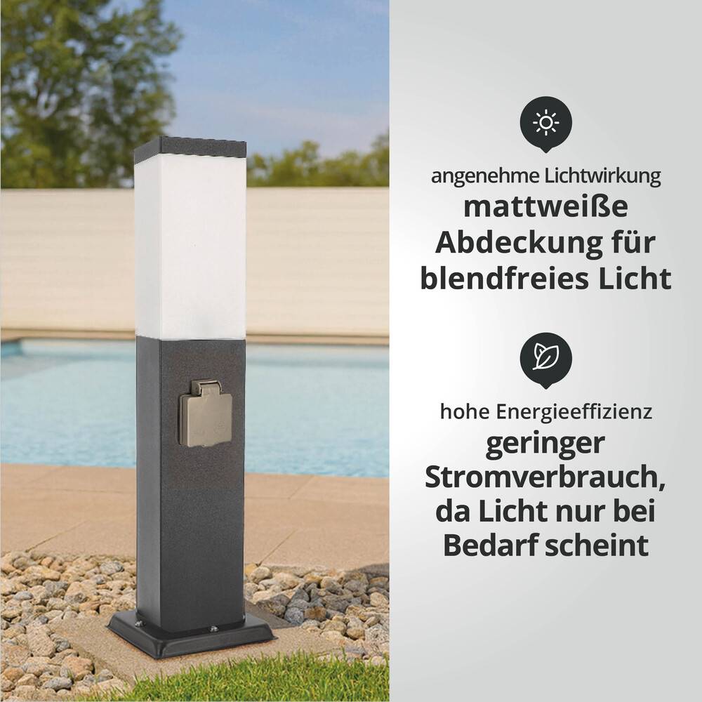 LED Universum - Sockelleuchte "FREDDY" anthrazit 50cm eckig mit 2 Steckdosen