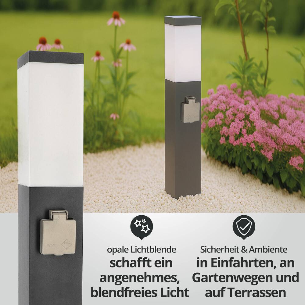 LED Universum - Sockelleuchte "FREDDY" anthrazit 50cm eckig mit 2 Steckdosen