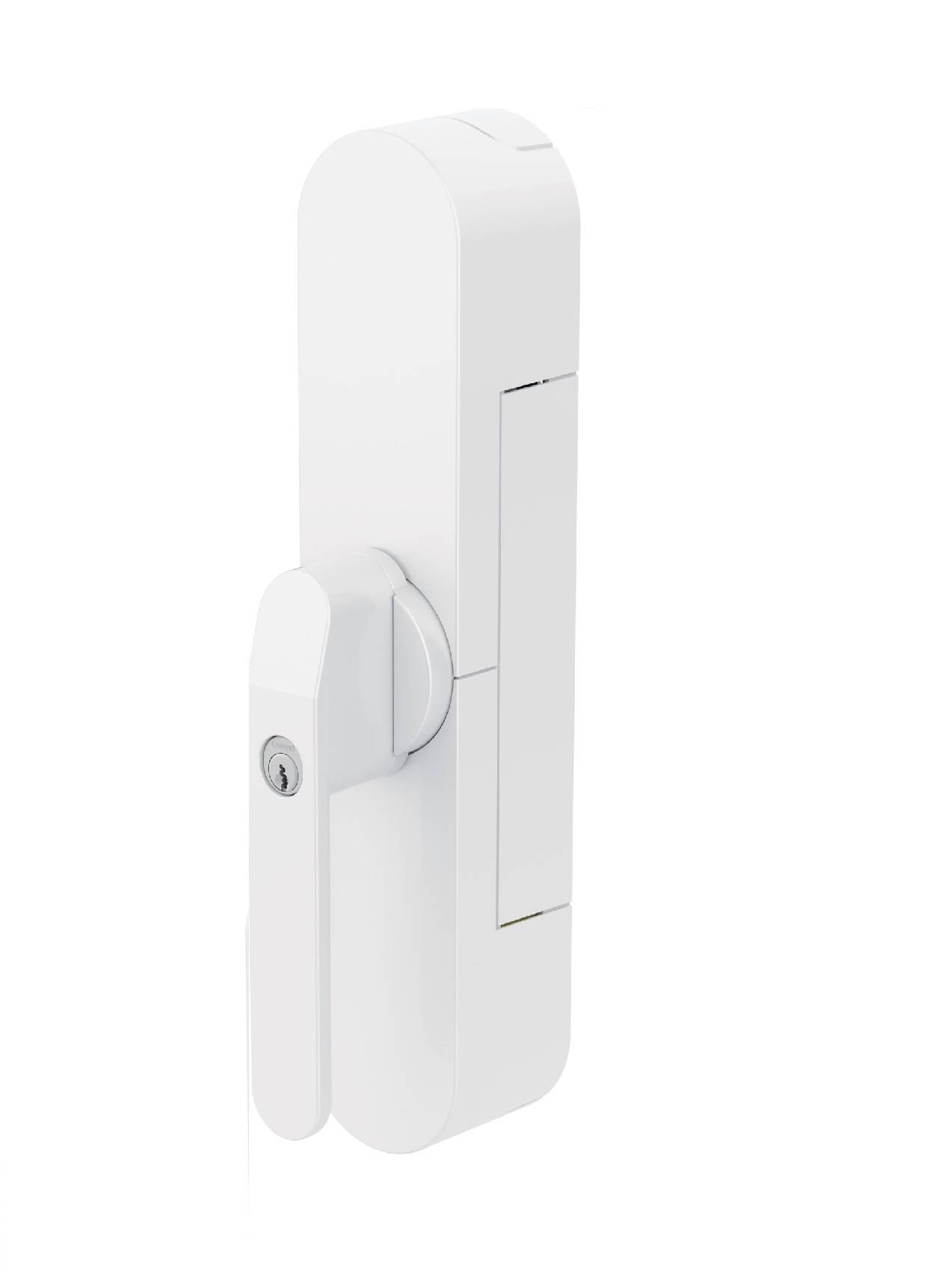 Ein weißes intelligentes Türschloss mit schlankem, vertikalem Design, ausgestattet mit einem Schlüsselloch zum manuellen Entsperren und einem Fingerabdruckscanner zur Sicherheit.