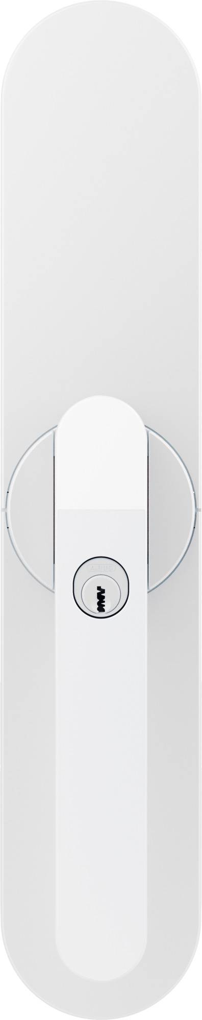 Ein geschwungenes, wandmontiertes Sicherheitstürschloss in Weiß mit einer zentralen zylindrischen Komponente und einer verstärkten Schutzabdeckung.