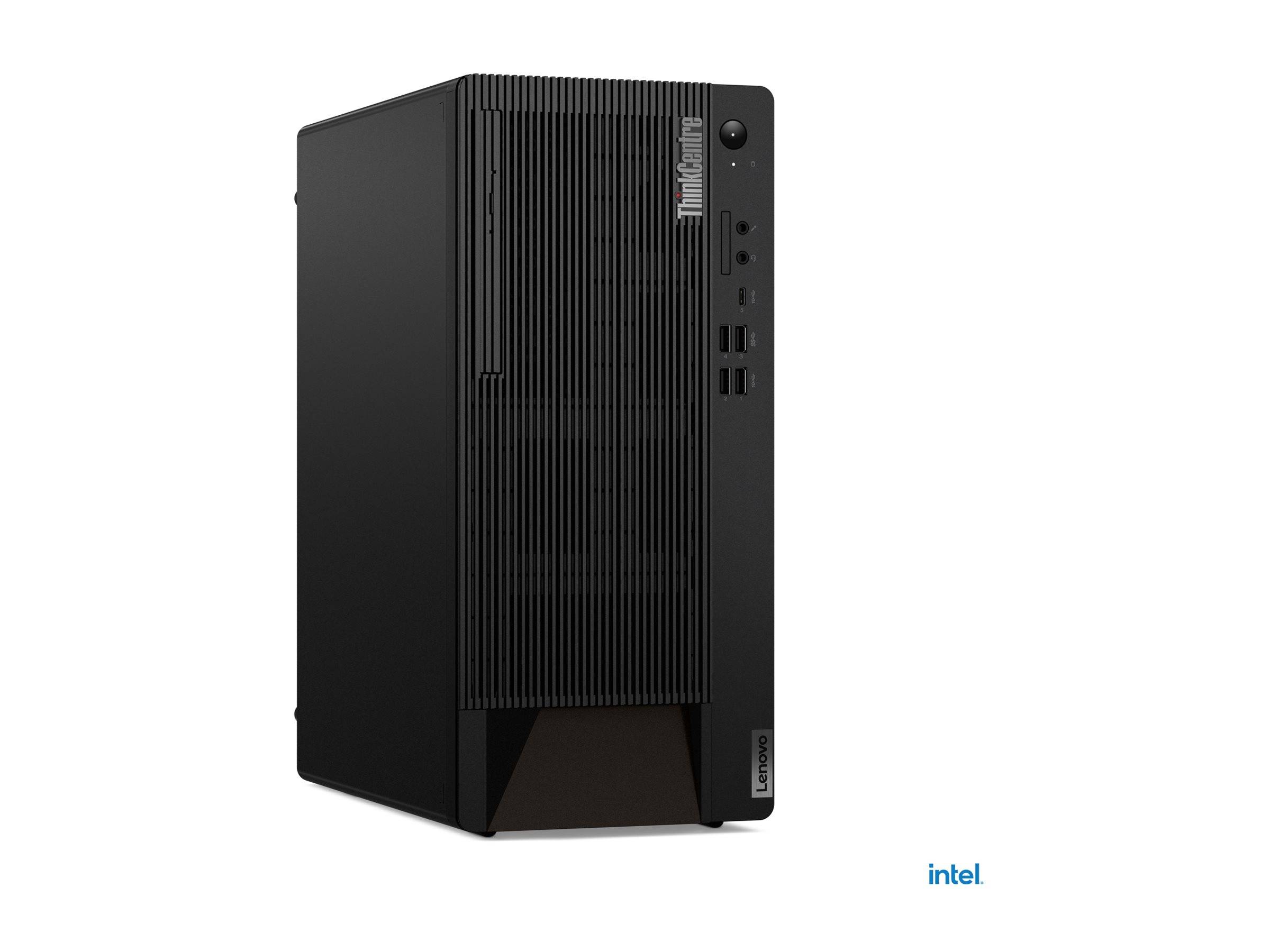 Ein schwarzer Desktop-Tower-Computer mit sichtbaren vorderen Anschlüssen und Tasten, mit dem Markennamen in der oberen rechten Ecke.