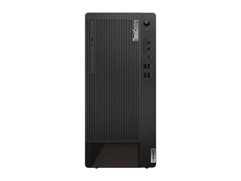 Schwarzer Lenovo ThinkCentre Desktop-Tower mit vorderer Belüftungsblende, Netzschalter und USB-Anschlüssen, gezeigt auf weißem Hintergrund.
