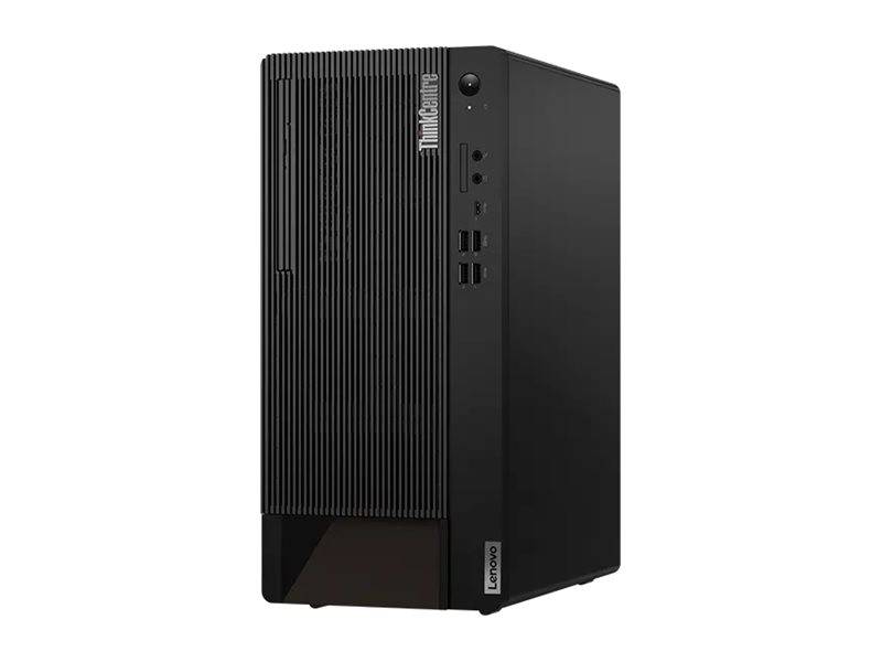 Ein schwarzer Lenovo ThinkCentre Desktop-Tower mit sichtbarem Markenlogo, ausgestattet mit mehreren Frontanschlüssen und einem Einschaltknopf.
