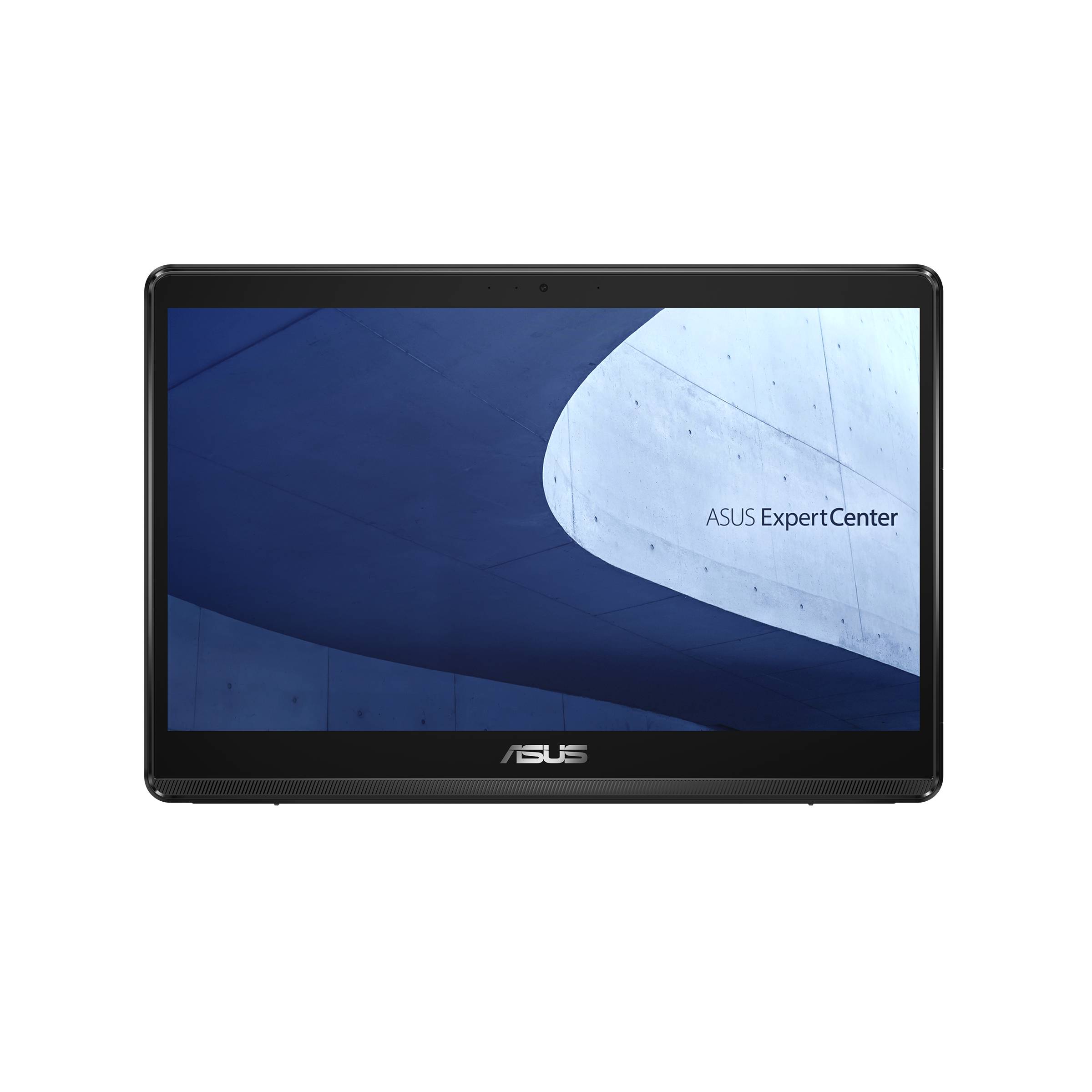 ASUS ExpertCenter Desktop-Monitor von vorne mit blauem abstraktem Hintergrund und ASUS-Logo auf der Blende.
