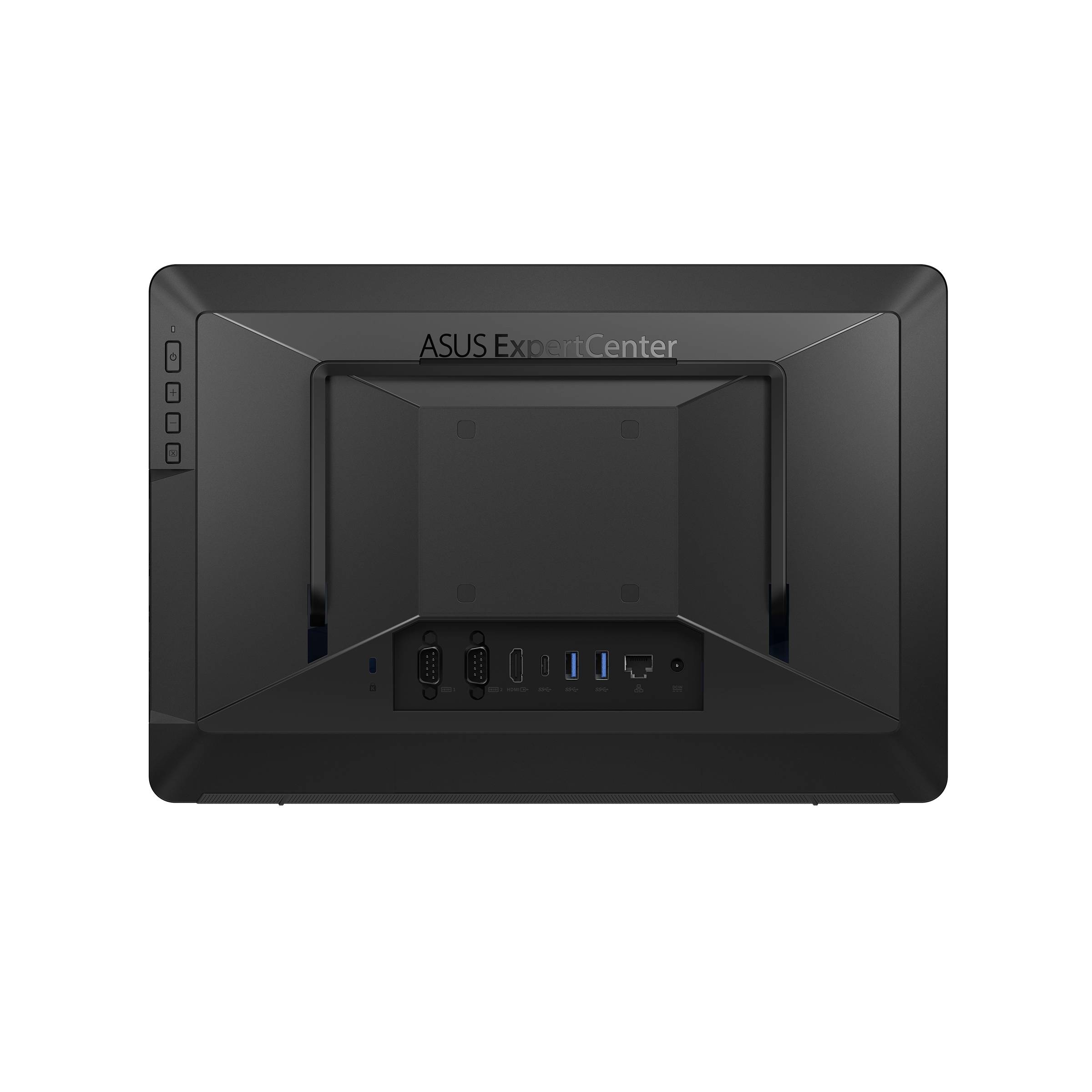 Rückansicht eines ASUS ExpertCenter-Monitors mit Ständerhalterung und hinteren Anschlüssen, einschließlich VGA-, Seriell-, USB- und Ethernet-Verbindungen.