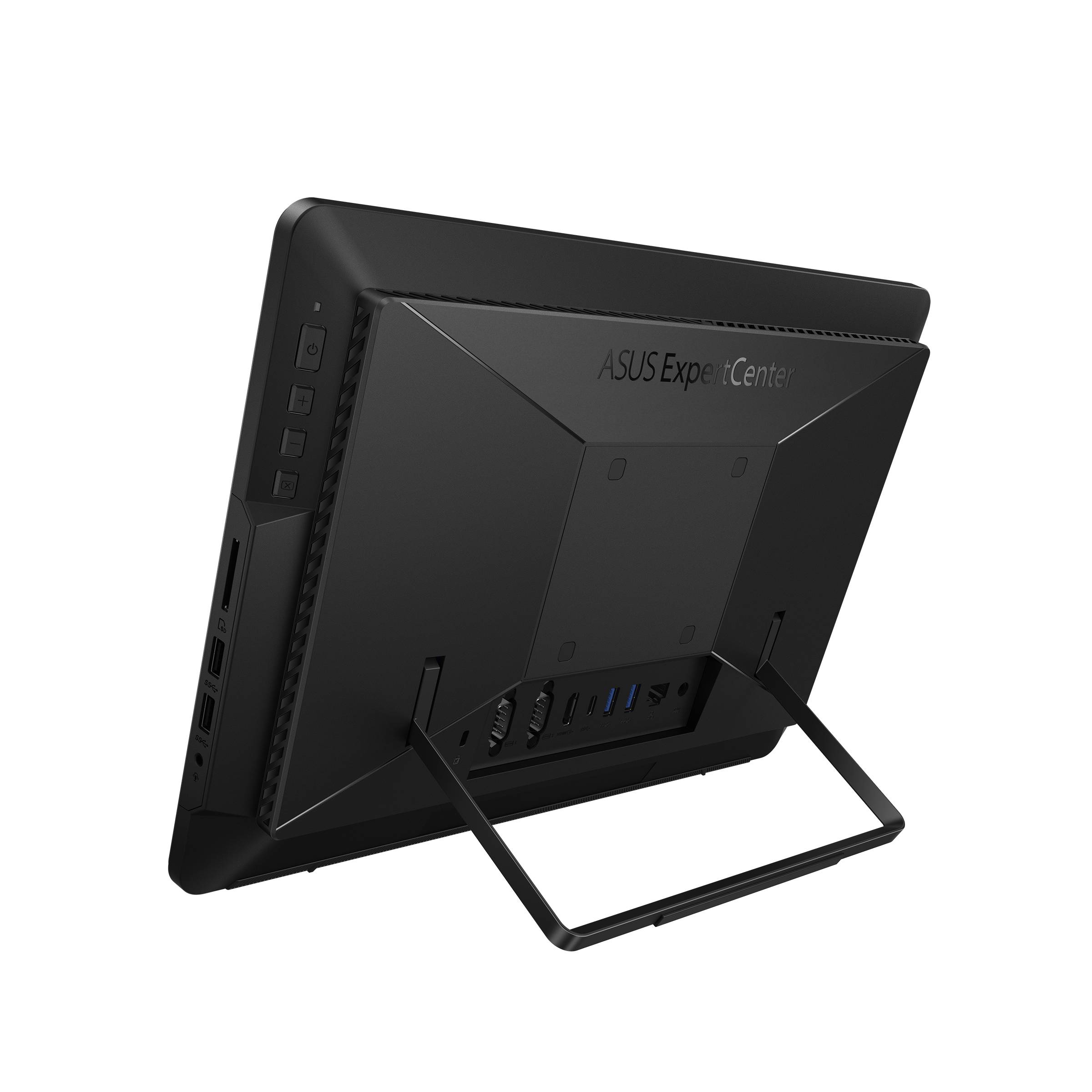 Rückansicht eines ASUS ExpertCenter All-in-One-Computers auf einem Ständer, der Anschlüsse auf der Rückseite und Belüftung vor schwarzem Hintergrund zeigt.