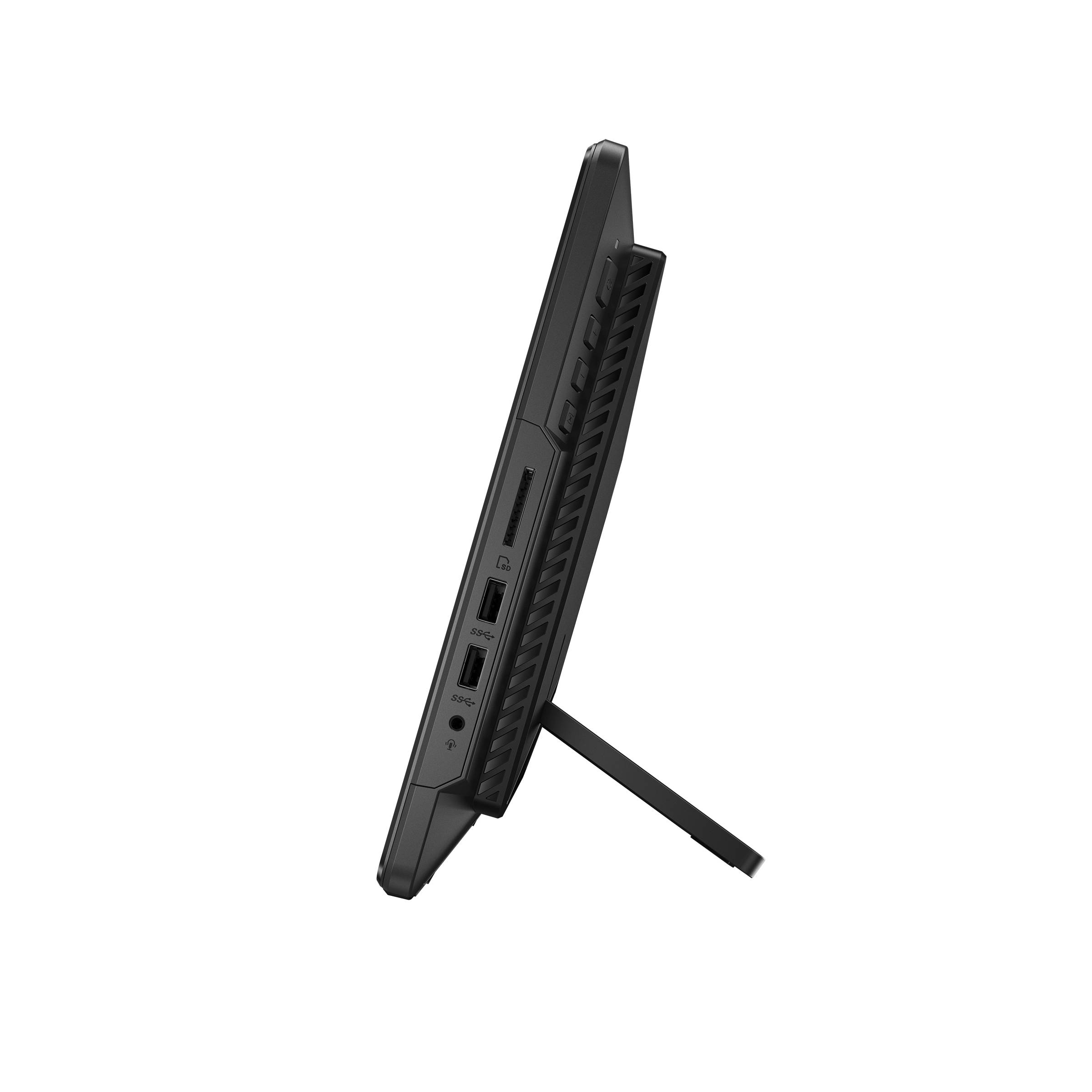 Seitenansicht eines schlanken schwarzen Monitors oder Displays auf einem Ständer, das Lüftungsschlitze auf der Rückseite und zwei USB-Anschlüsse auf einem einfachen schwarzen Hintergrund zeigt.