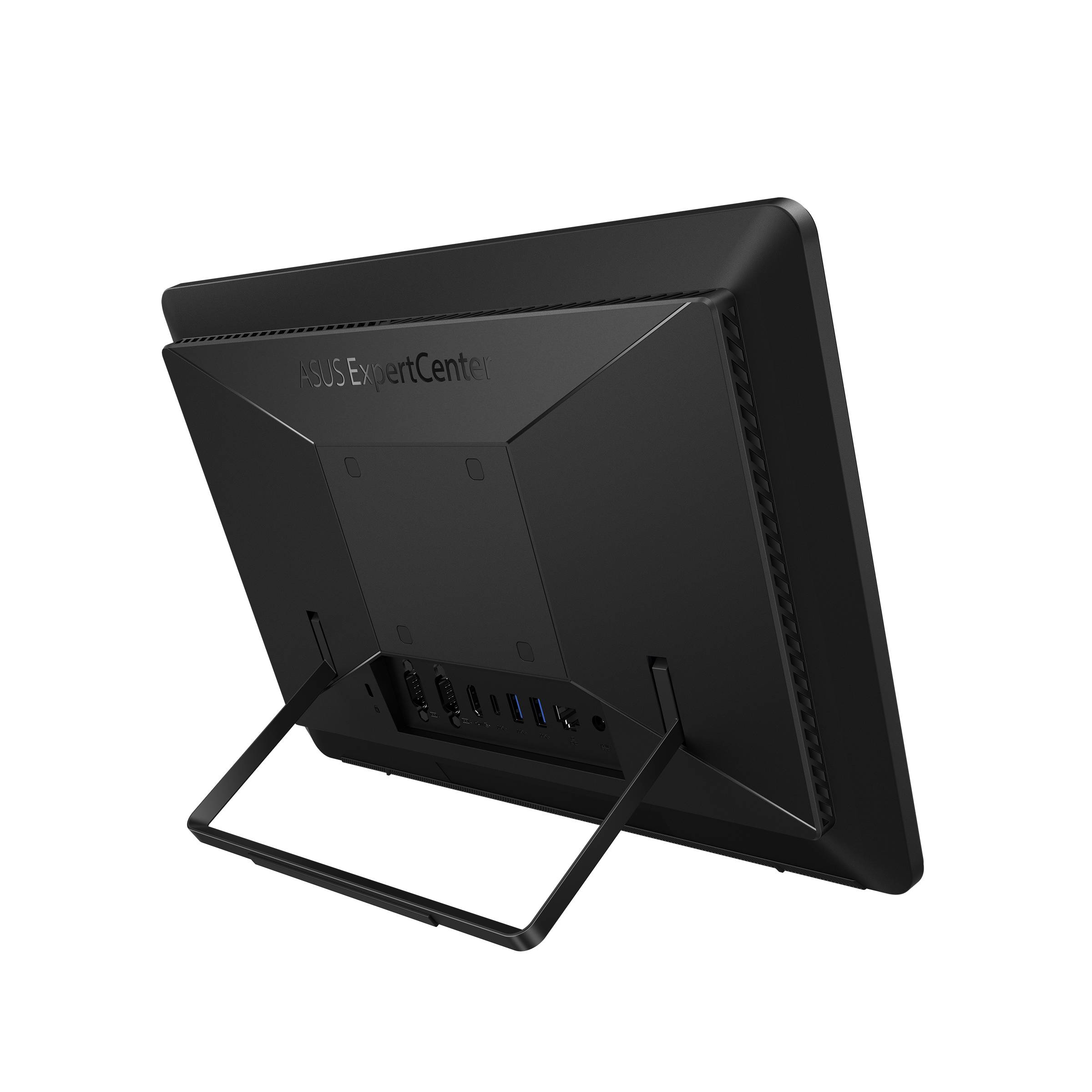 Rückansicht eines schwarzen Lenovo ThinkCentre All-in-One-Desktops auf einem Ständer, der hintere Anschlüsse und Belüftungsöffnungen zeigt.