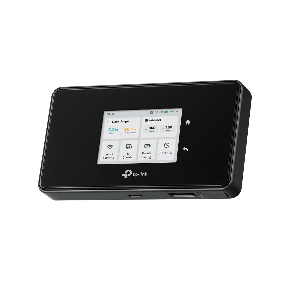 TP-Link mobiler Wi‑Fi-Hotspot/Router mit farbigem Touchscreen, der Datenpanne, Internet, Wi‑Fi-Freigabe, Clients, Energiesparmodus und Einstellungssymbole anzeigt.