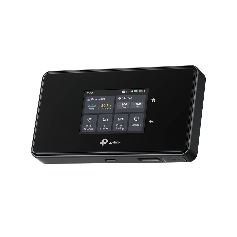 TP-Link tragbarer Wi-Fi-Hotspot mit Touchscreen, der Datennutzung, Internetstatus und Einstellungssymbole anzeigt.