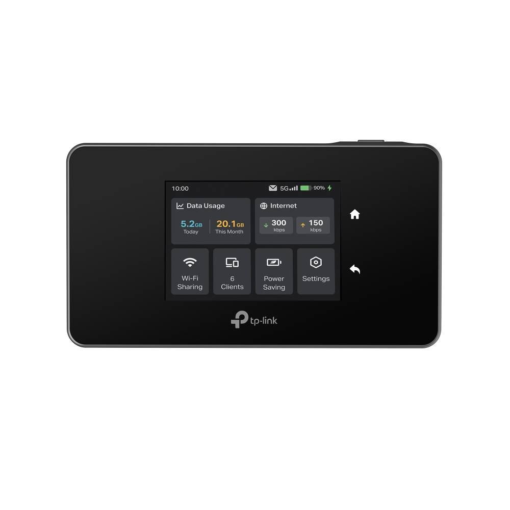 Vorderansicht eines TP-Link-Mobilfunk-Hotspot-Geräts mit einem Touchscreen-Dashboard, das Datennutzung, Internetgeschwindigkeiten, WLAN-Freigabe, verbundene Clients, Energiesparmodus und Einstellungssymbole anzeigt.
