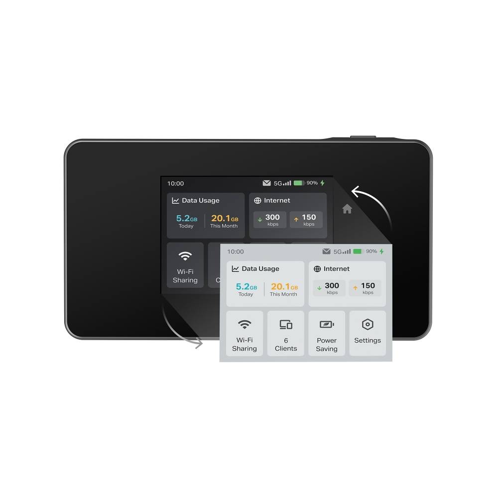 Ein Touchscreen-Display für mobilen Hotspot/Router in dunklem und hellem Design, mit Kacheln für Datenverbrauch, Internet, Wi-Fi-Freigabe, Clients, Stromsparmodus und Einstellungen.