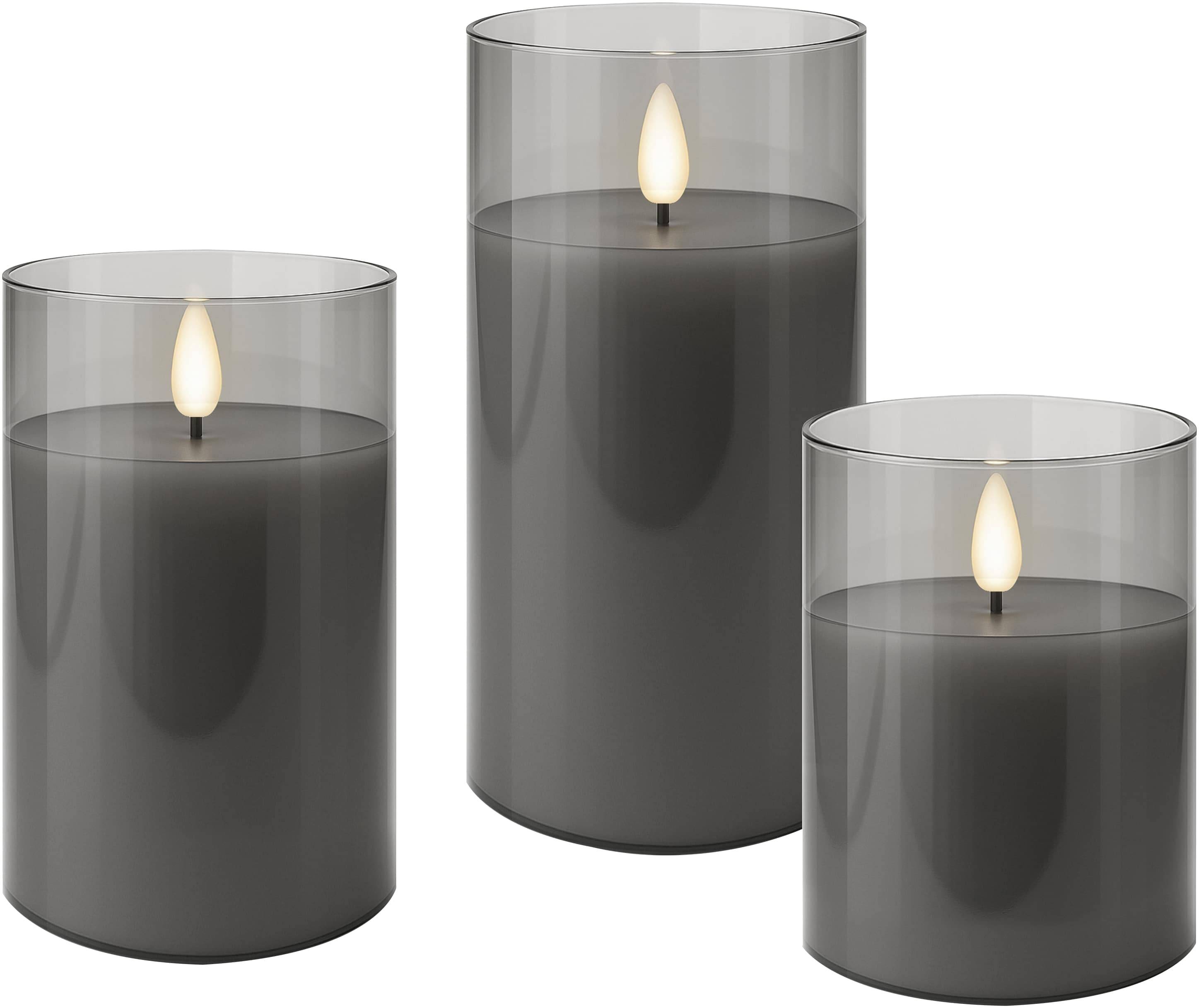 GOOBAY LED-Echtwachskerze, Glas, Timerfunktion, 3 Stück, warmweiß, grau