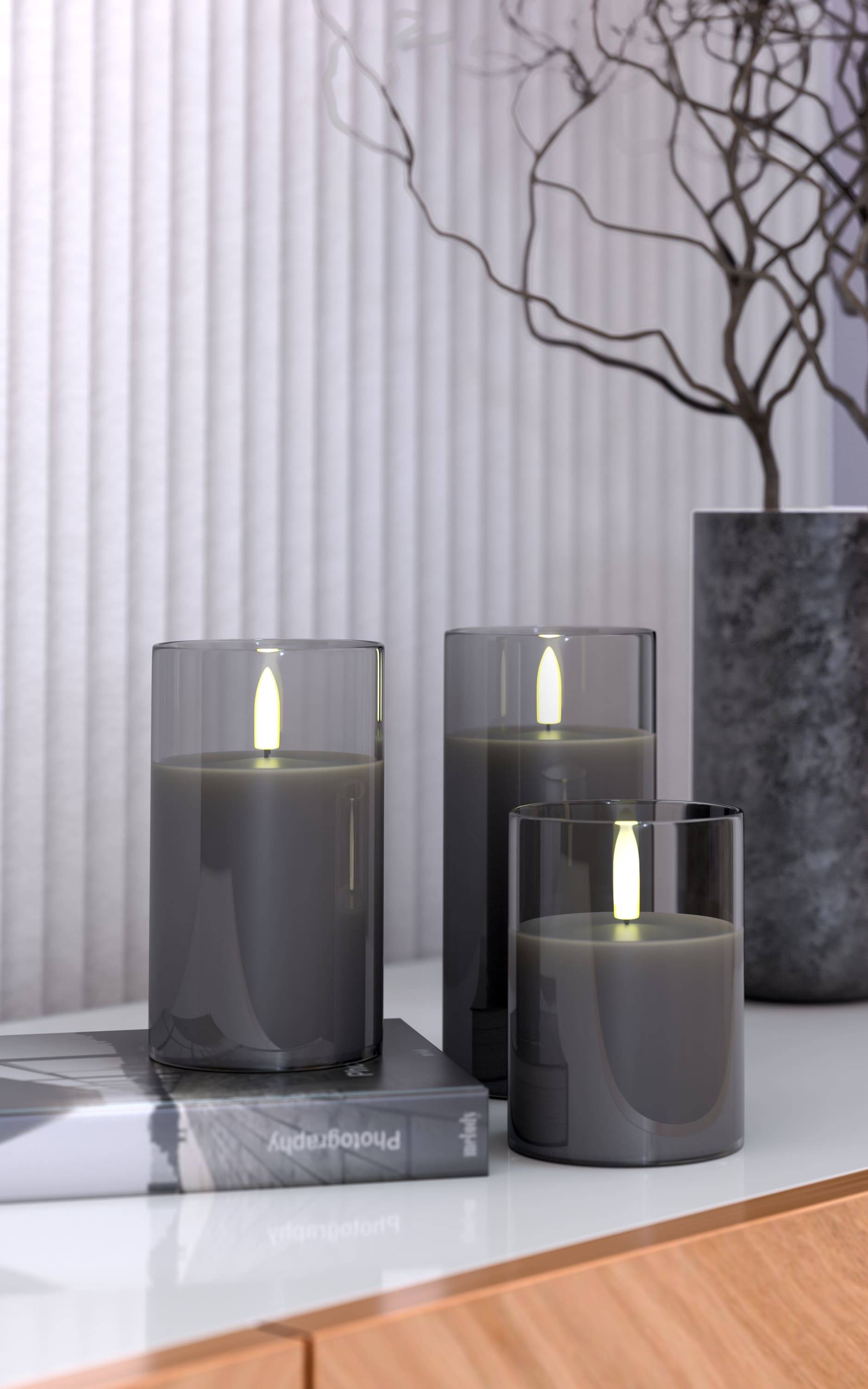 GOOBAY LED-Echtwachskerze, Glas, Timerfunktion, 3 Stück, warmweiß, grau