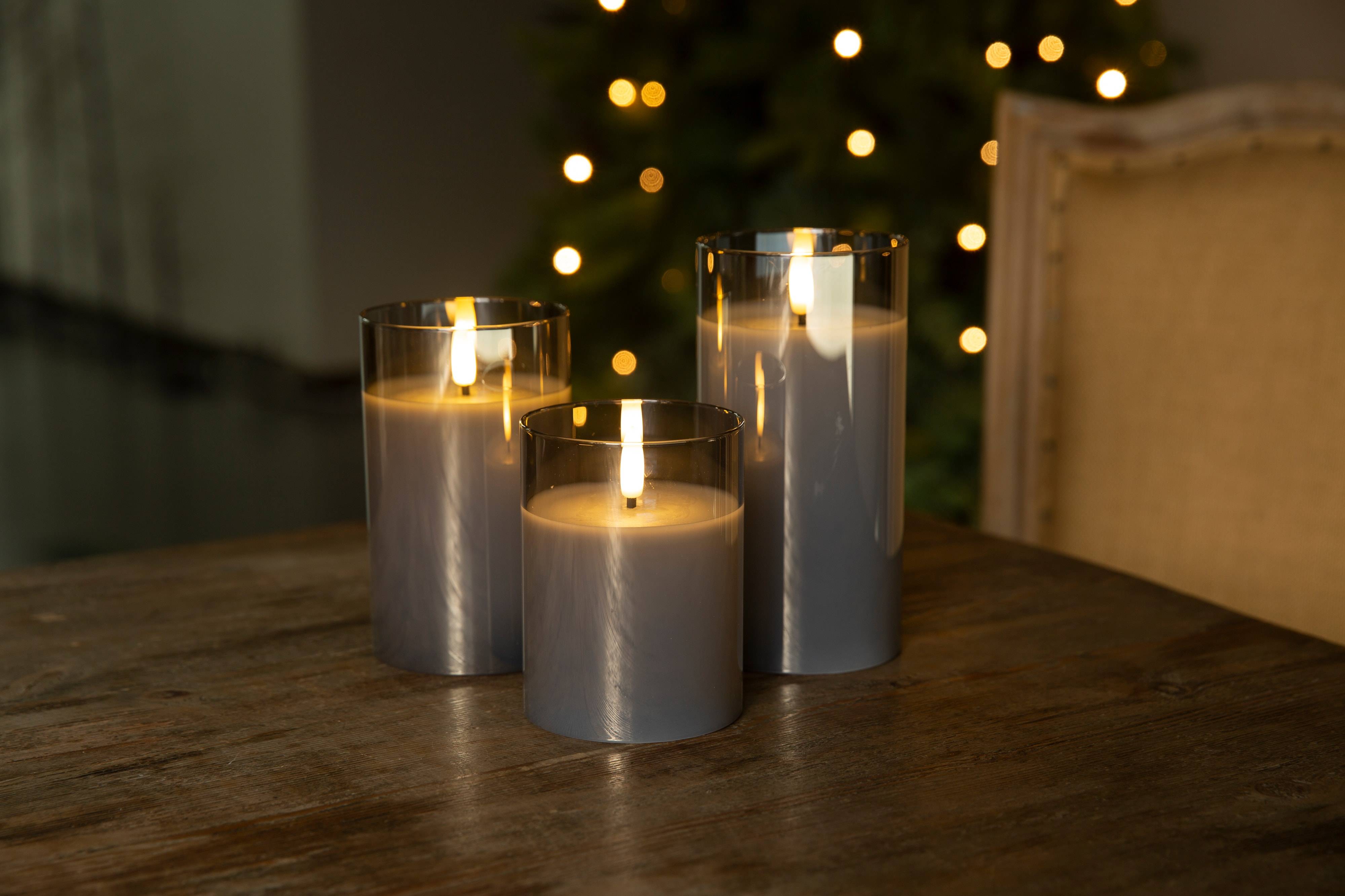 GOOBAY LED-Echtwachskerze, Glas, Timerfunktion, 3 Stück, warmweiß, grau