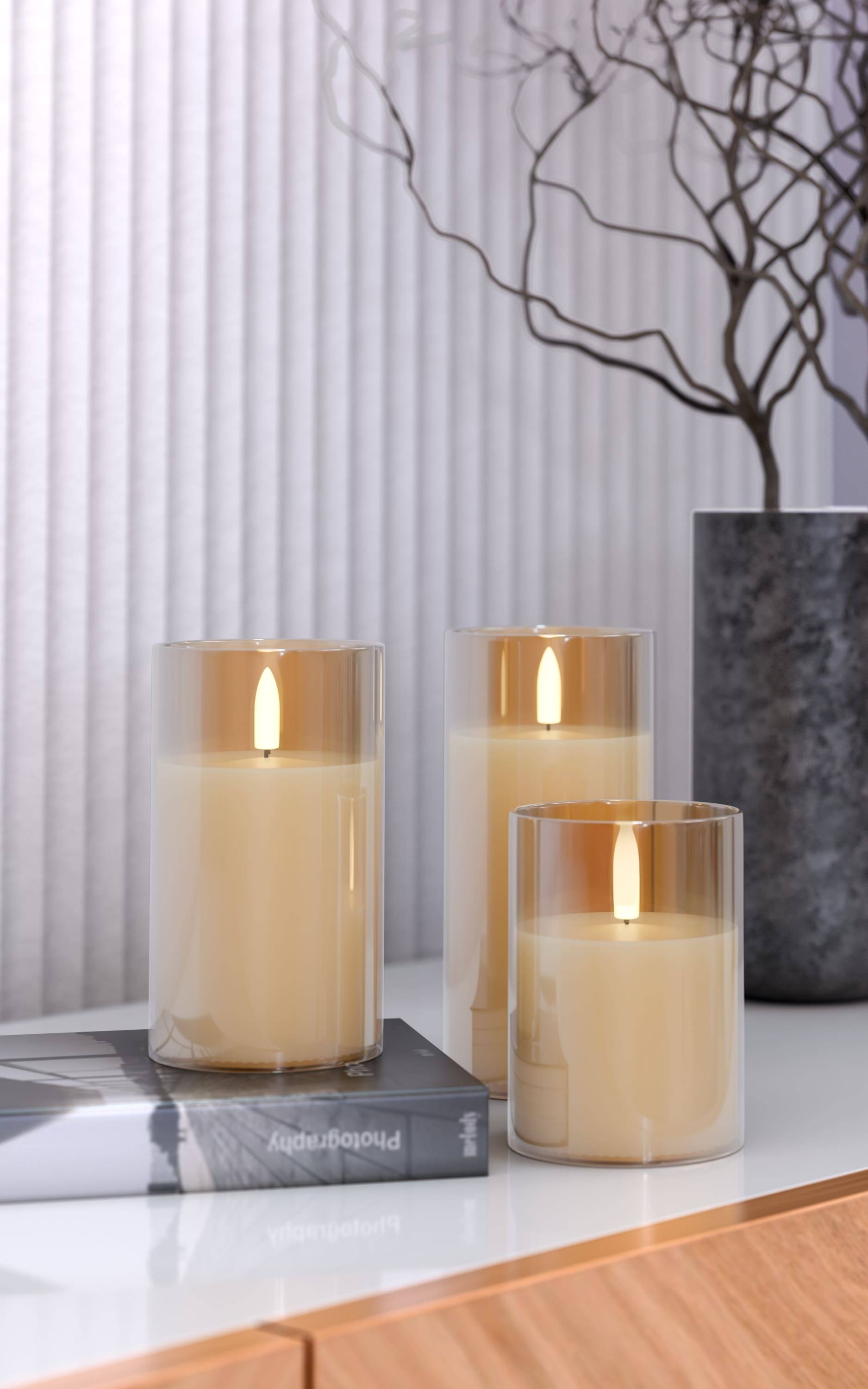 GOOBAY LED-Echtwachskerzen, Glas, Timerfunktion, 3 Stück, warmweiß, gold