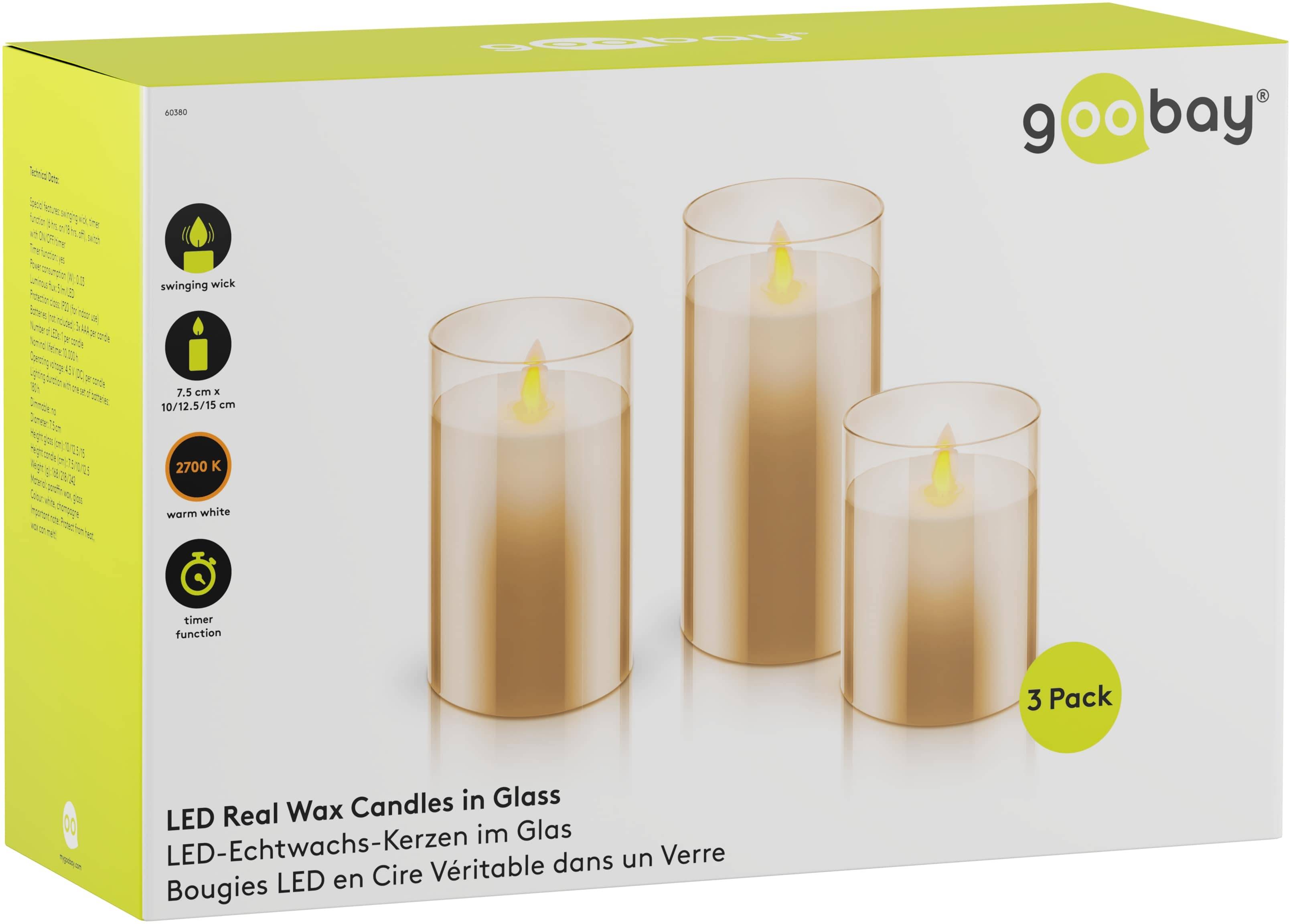 GOOBAY LED-Echtwachskerzen, Glas, Timerfunktion, 3 Stück, warmweiß, gold