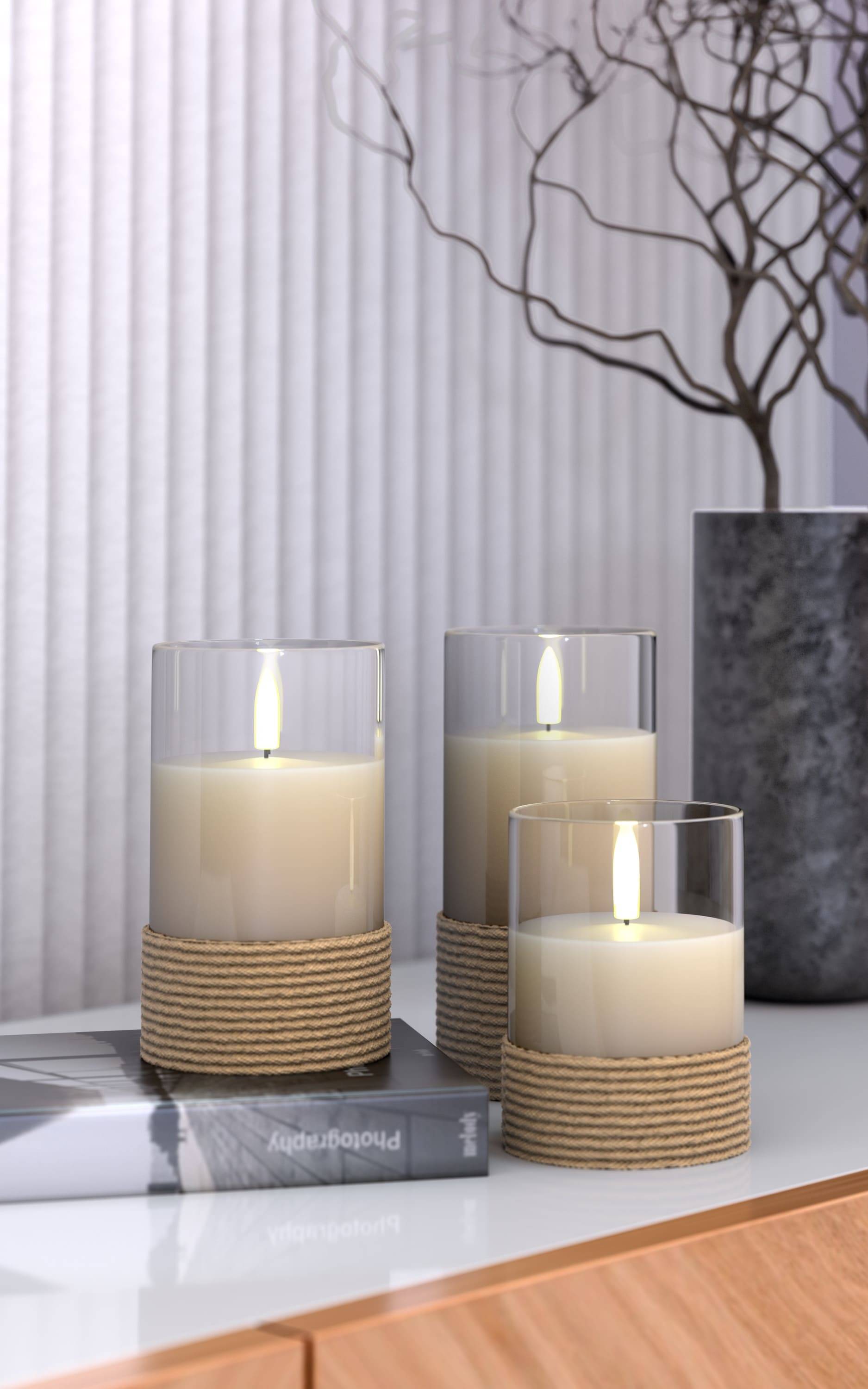 GOOBAY LED-Echtwachskerzen, Glas, Timerfunktion, 3 Stück, warmweiß, mit Hanfschnur umwickelt