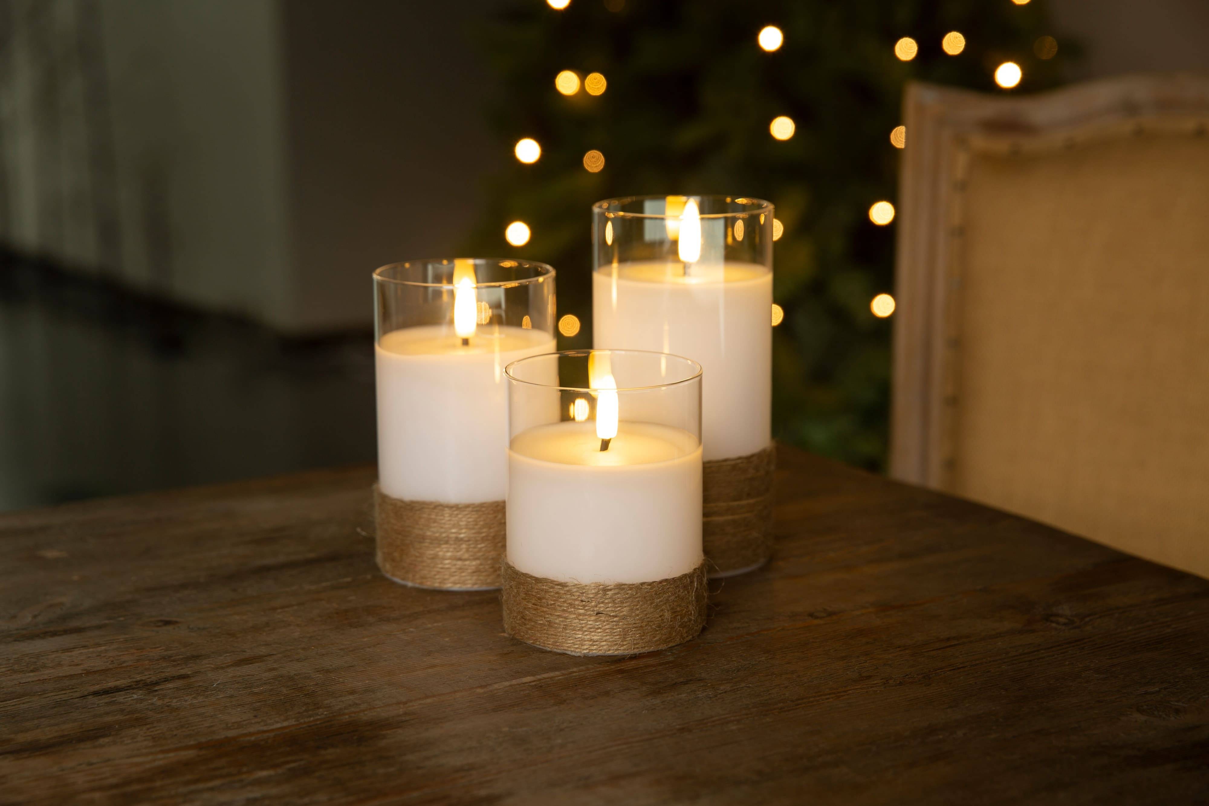 GOOBAY LED-Echtwachskerzen, Glas, Timerfunktion, 3 Stück, warmweiß, mit Hanfschnur umwickelt