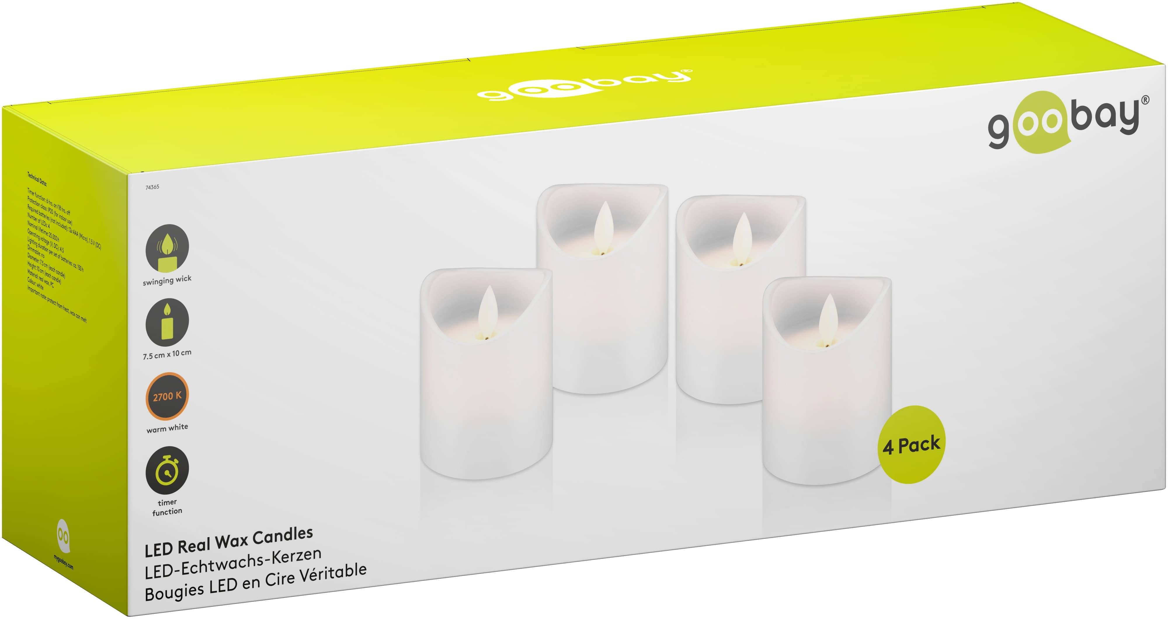 GOOBAY LED-Echtwachskerzen, Timerfunktion, 4 Stück, warmweiß, weiß