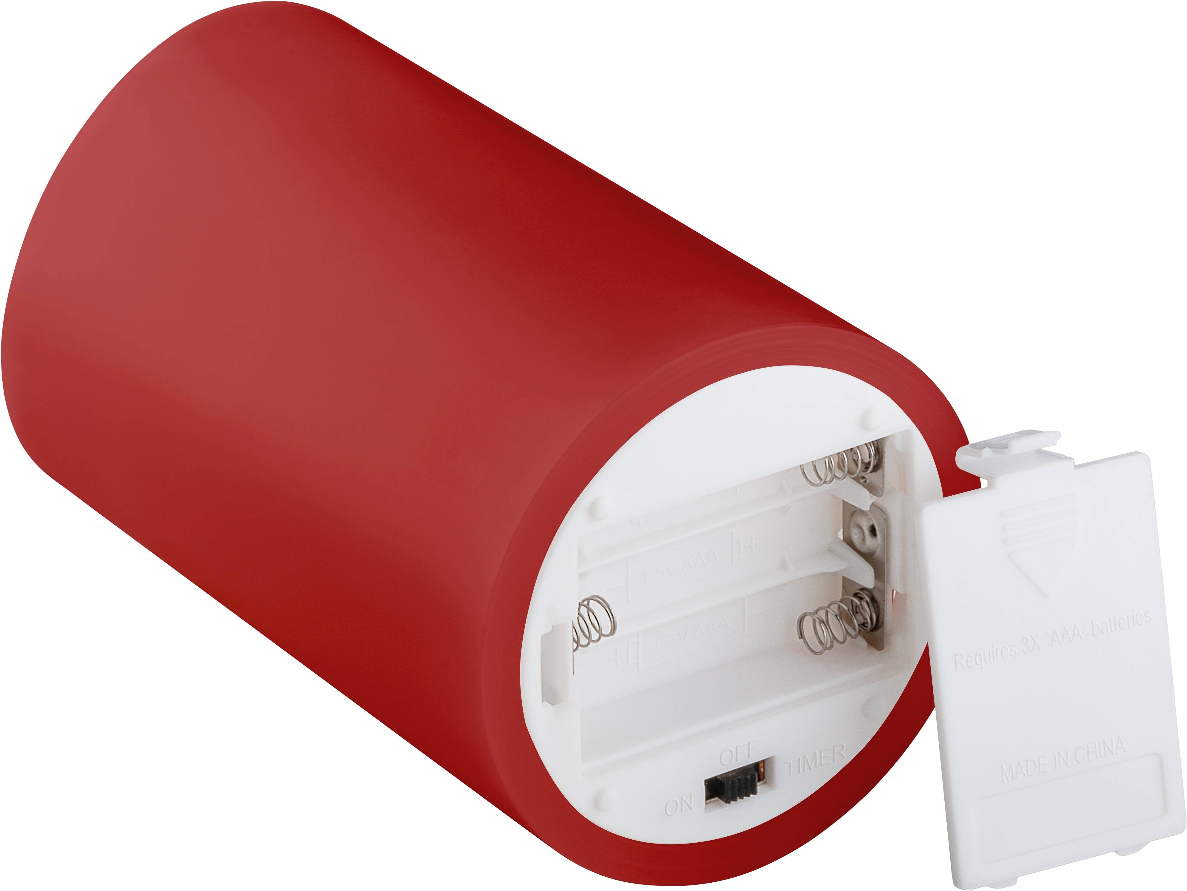 Ein rotes zylindrisches Gerät mit weißer Basis, das ein Batteriefach und einen Schalter mit den Beschriftungen „ON