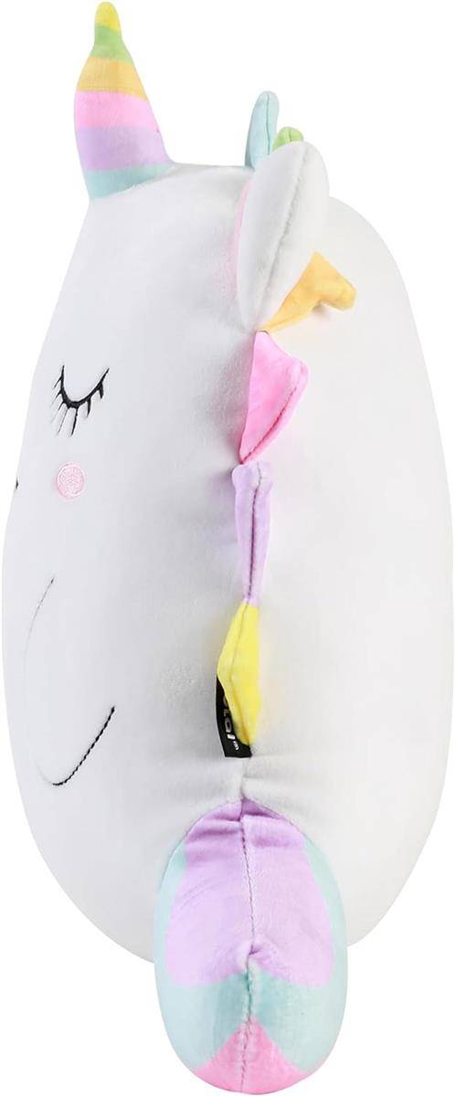 Plüsch-Einhorn-Spielzeug in Seitenansicht mit Regenbogenmähne und Horn auf weißem Hintergrund.