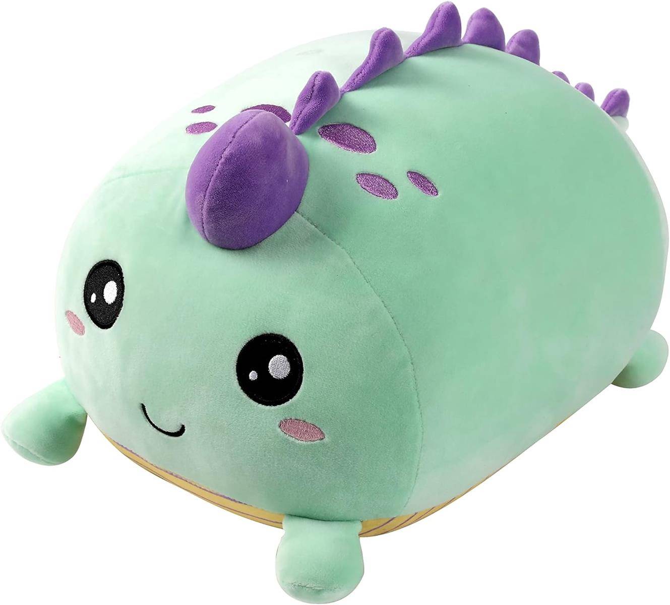 Mintgrünes weiches Dinosaurier-Spielzeug mit violetten Stacheln, schwarzen Augen und einem lächelnden Gesicht auf weißem Hintergrund.