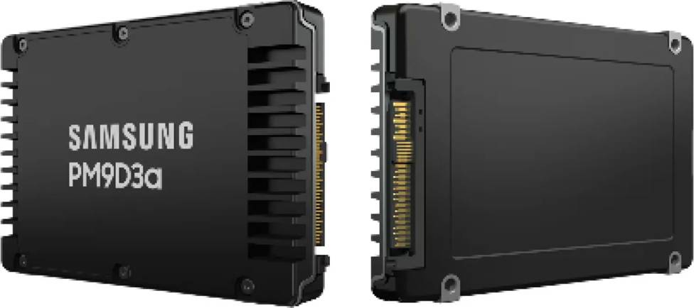 Zwei Solid-State-Drives (SSDs) in schwarzem Gehäuse, die die goldenen Anschlüsse zeigen.