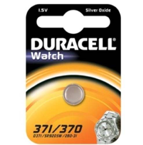 Duracell Uhr 1,5V Silberoxid-Batterie im Batteriepaket für Uhrbatterien, gekennzeichnet mit 371/370 und kompatible Größen.