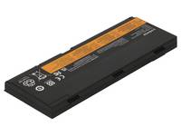 Schwarze aufladbare Laptop-Batterie mit orangenem Etikett, isoliert auf weißem Hintergrund dargestellt.