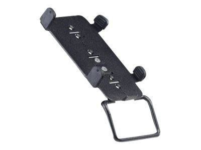 Schwarze verstellbare Metallhalterung für Telefone mit rechteckigem Ständer und seitlichen Drehknöpfen, dargestellt auf weißem Hintergrund.