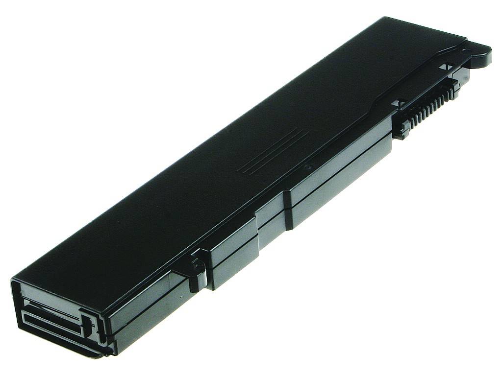 Schwarzes Laptop-Akku-Pack auf weißem Hintergrund, mit Anschlussanschlüssen an einem Ende.
