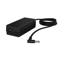 Schwarzer Laptop-Stromadapter mit angeschlossenem Kabel und rundem Gleichstromstecker auf weißem Hintergrund