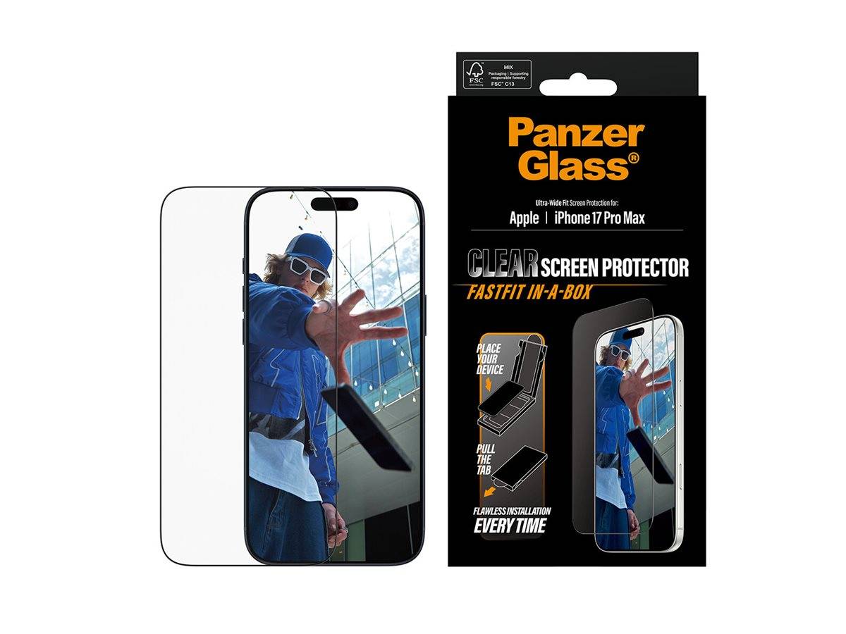 Panzer Glass' Displayschutz für iPhone 17 Pro Max. Die Verpackung zeigt seine Schutzfunktion gegen Stürze und enthält einfache Installationsanleitungen.