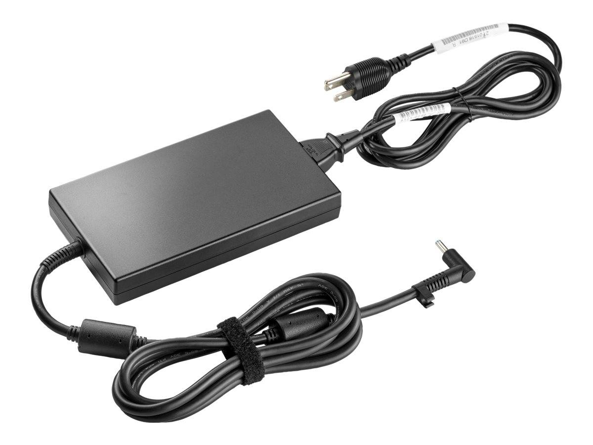 Schwarzer Laptop-Netzadapter mit angeschlossenem Stromkabel und Gleichstrom-Ausgangskabel auf weißem Hintergrund.