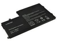 Schwarzer Laptop-Akku in Schrägansicht auf weißem Hintergrund, mit gedruckten Sicherheitssymbolen und Etikettentext.