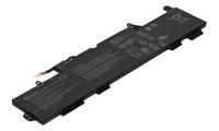 Schwarzes rechteckiges Laptop-Akku-Pack mit Stecker und gedruckten Etiketten, auf weißem Hintergrund dargestellt.