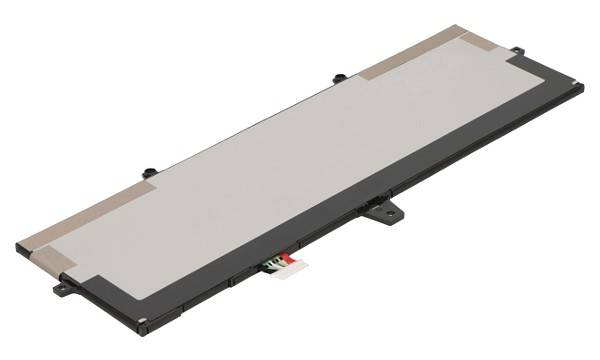 Langes rechteckiges Laptop-Akku mit schwarzem Gehäuse und silbernem Deckel, gezeigt auf weißem Hintergrund mit sichtbaren Anschlussfahnen.