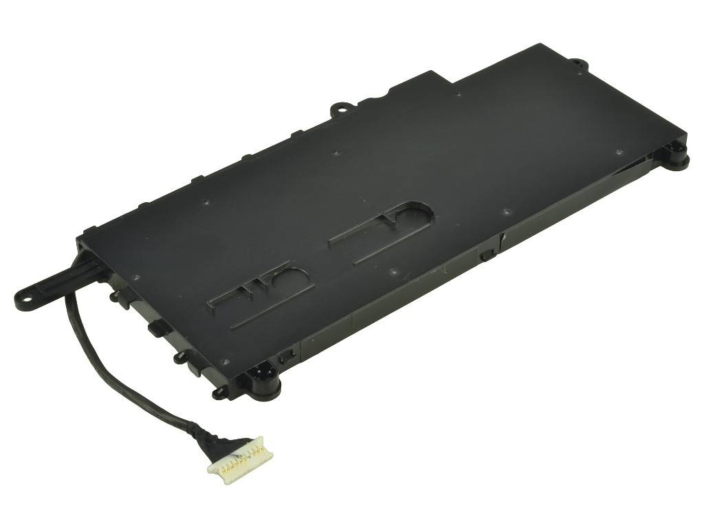 Schwarzes rechteckiges elektronisches Modul oder Batteriepack mit angeschlossenem Kabel und weißem Stecker auf einfachem Hintergrund.