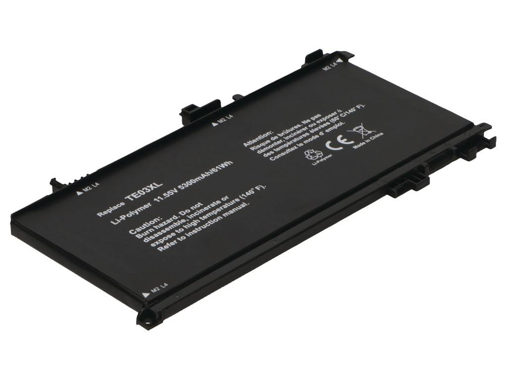 Schwarze wiederaufladbare Laptop-Batterie mit gedruckten Spezifikationen auf weißem Hintergrund.