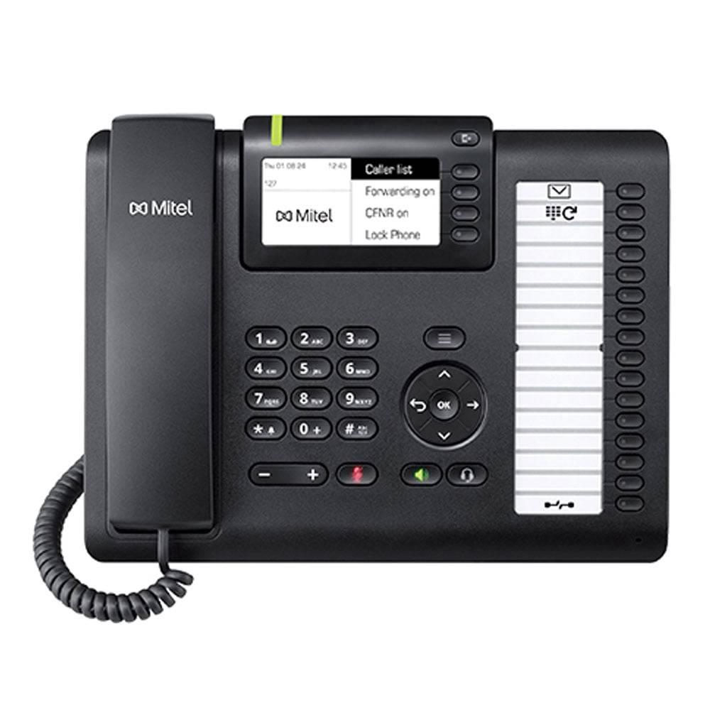 Schwarzes Mitel-Schreibtischtelefon mit Handset, numerischer Tastatur, Display mit Anzeige 