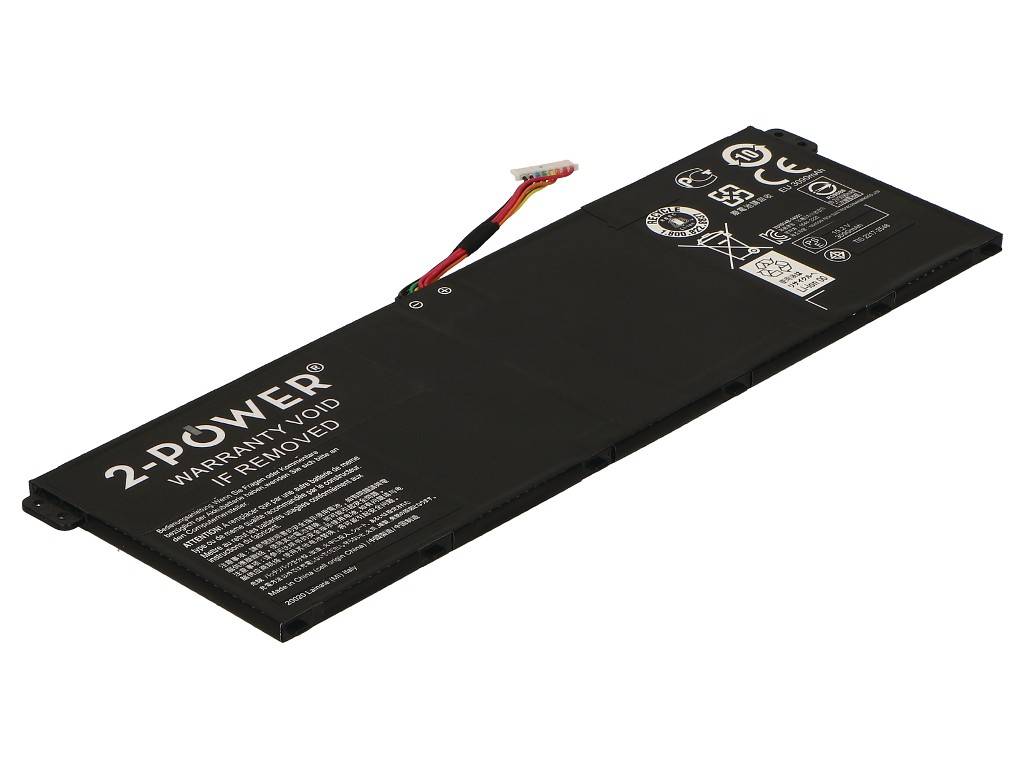 Schwarzes 2-Power-Laptop-Akkupack mit angebrachtem Stromstecker und gedruckten Sicherheitsetiketten auf weißem Hintergrund