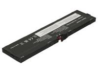 Schwarzes Laptop-Akkupack mit rotem Verbindungsstecker, gezeigt auf weißem Hintergrund.
