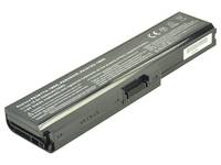 Laptop-Akku in Schrägansicht, schwarzes rechteckiges Ersatzakku mit Steckerkontakten und Beschriftungstext oben.