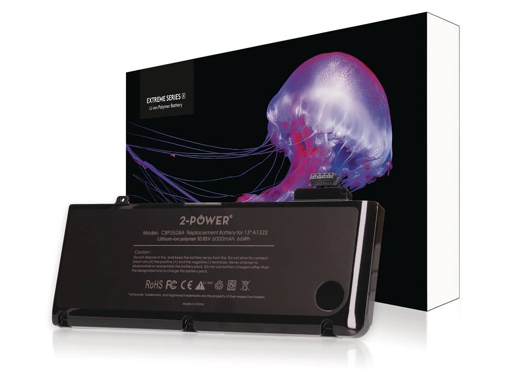 Schwarze 2-POWER Laptop-Batterie gezeigt vor ihrer Einzelhandelskachel mit Quallengraik und „Extreme Series