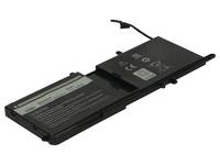 Schwarze Laptop-Batteriebatterie mit Lasche und Etikett, auf weißem Hintergrund abgebildet.