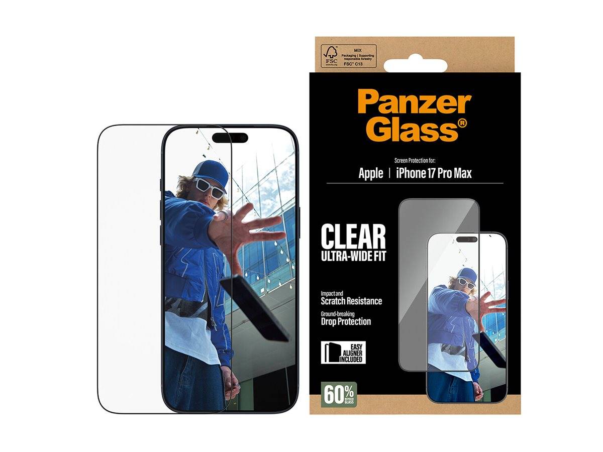 Panzer Glass' Displayschutz für 'Apple iPhone 17 Pro Max'. Mit 'Clear Ultra-Wide Fit' und Schutz vor Kratzern und Stürzen.