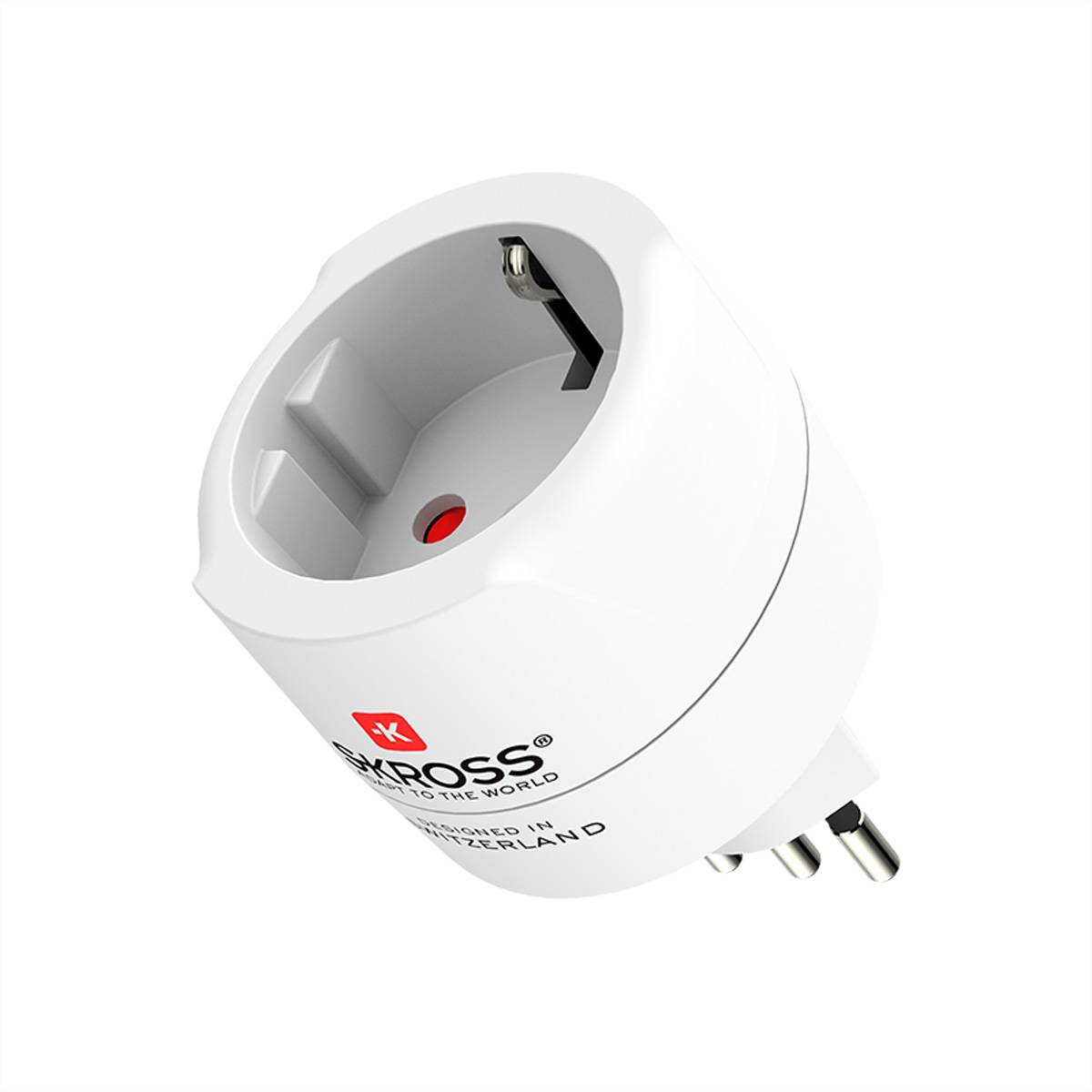 Ein weißer universeller Netzstecker-Adapter mit einem roten Logo, kompatibel mit verschiedenen Steckdosentypen. Er verfügt über mehrere Steckeraufsätze.