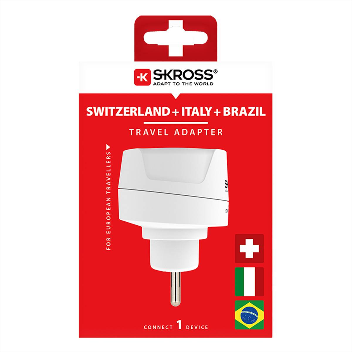 Rote Verpackung für einen Reiseadapter mit Kompatibilitätsangabe für 'Schweiz + Italien + Brasilien'. Mit Schweizer und brasilianischer Flagge.