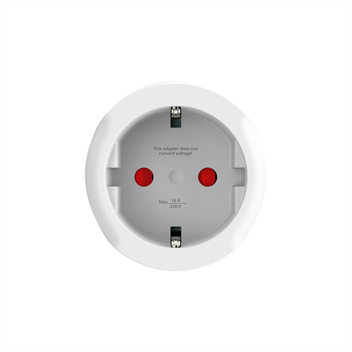 Europäischer Elektro-Steckeradapter mit zwei runden Stiften. Beschriftung liest sich: „Dieser Adapter konvertiert keine Spannung.